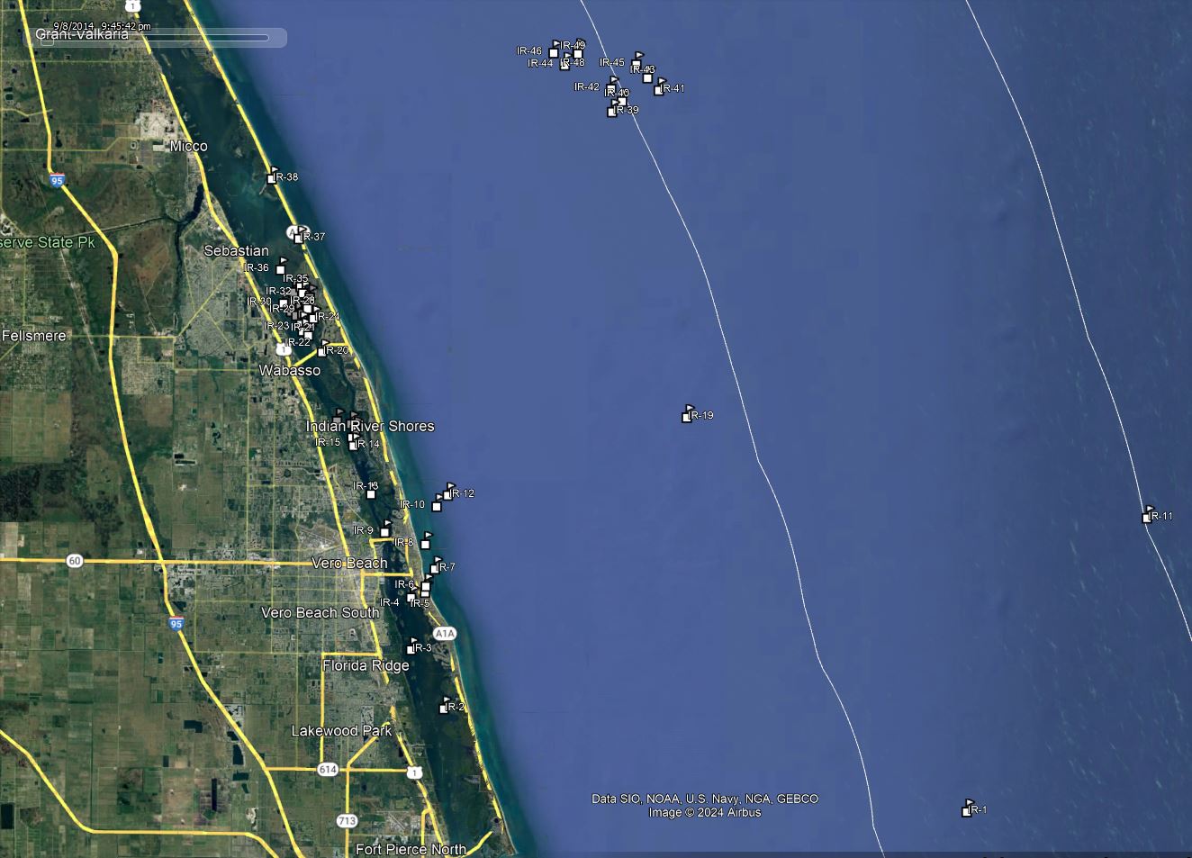 America Go Fishing reef site locations for Indian River County shown on a map