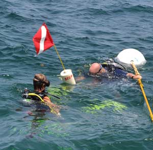 divers with a dive flag holding on to a mooring buoy looking into the water during Florida Mini Lobster Season 2012