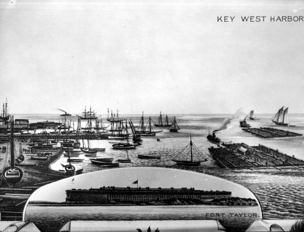 aerial of key west harbor showing sailing and steam ships