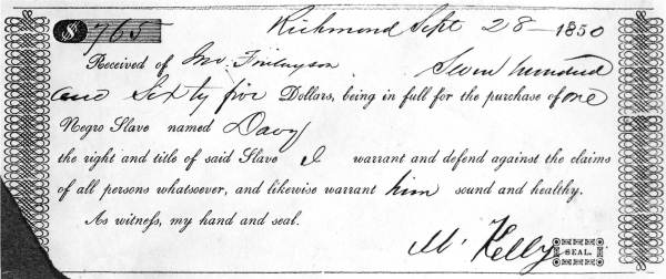 Receipt for 765 dollars for a slave named Davy in 1850