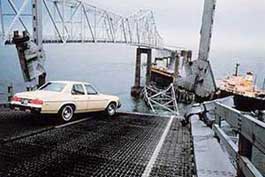 Car at the edge of the collapsed Skyway Bridge in 1980