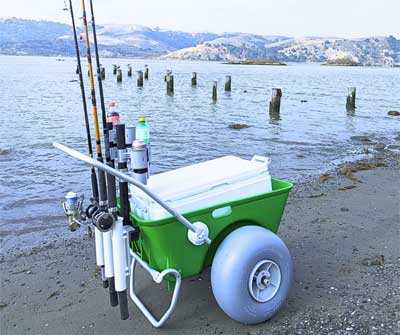 green Wheeleez beach surf fishing cart on coast with tall fishing rods