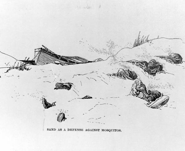 drawing of men at the shore, wooden skiff anchored, burried in the sand