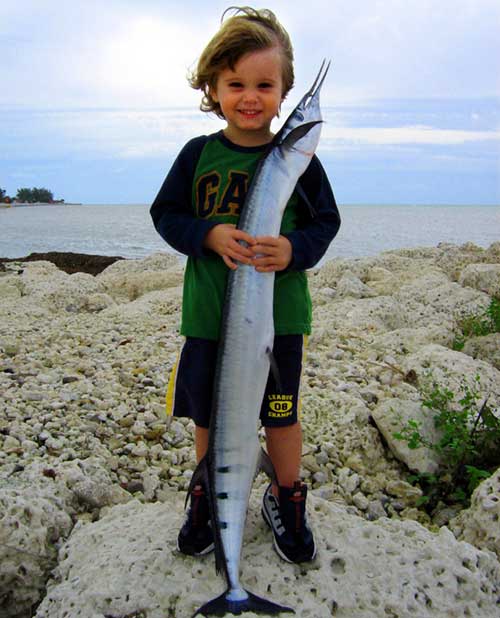 Boy holding Hound Needfish, the fish is as big as the boy