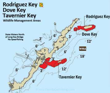 Rodriguez Key, Dove Key & Tavernier Key island diagrams showing closed areas