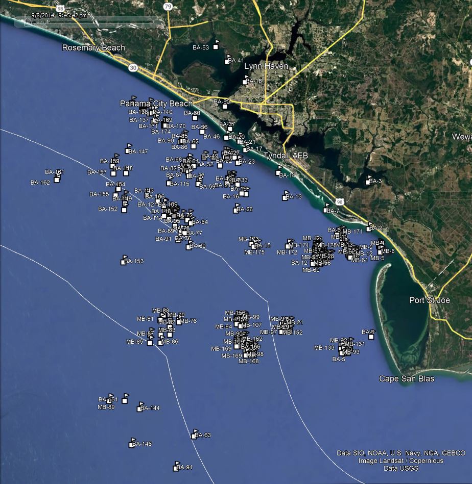America Go Fishing reef site locations for Bay County shown on a map