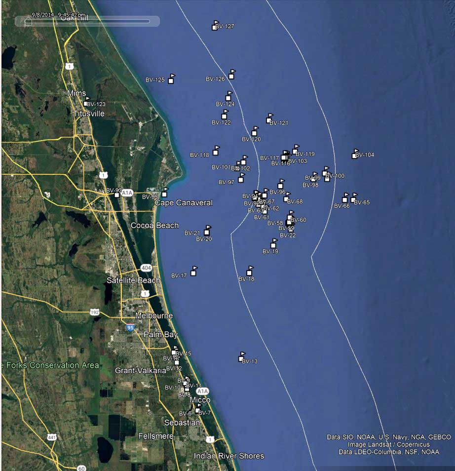 America Go Fishing reef sites for Brevard County Florida on a map