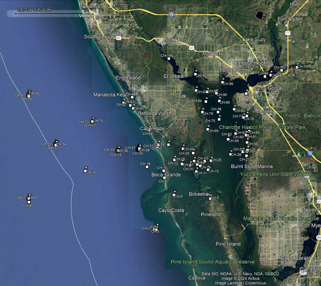 America Go Fishing reef site locations for Charlotte County shown on a map