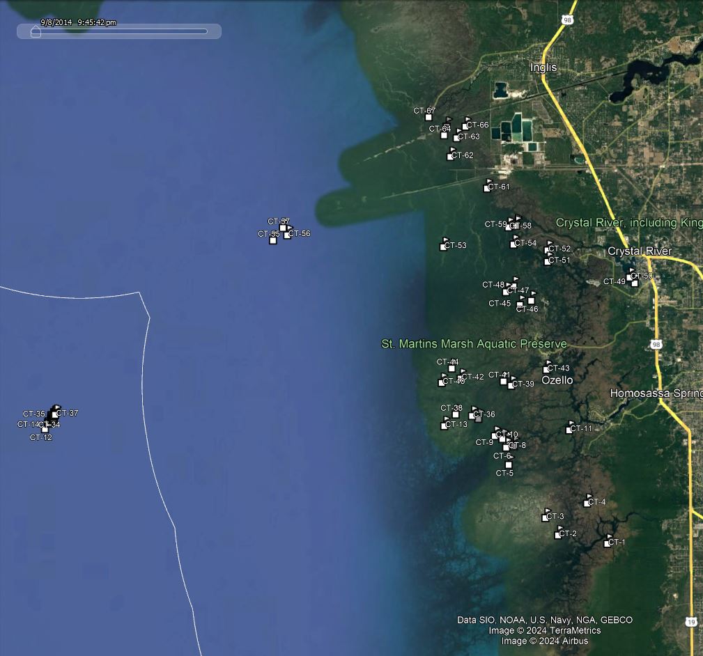America Go Fishing reef site locations for Citrus County shown on a map