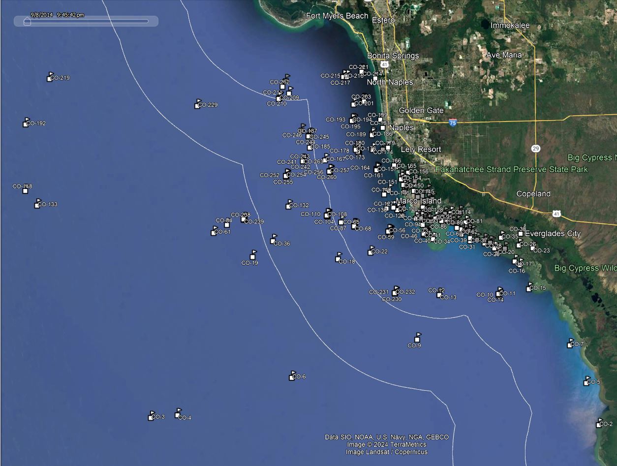 America Go Fishing reef site locations for Collier County shown on a map