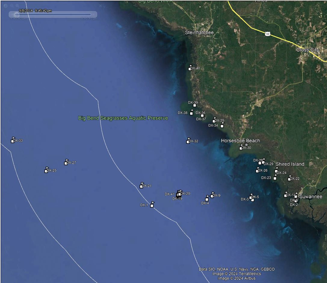 America Go Fishing reef site locations for Dixie County shown on a map