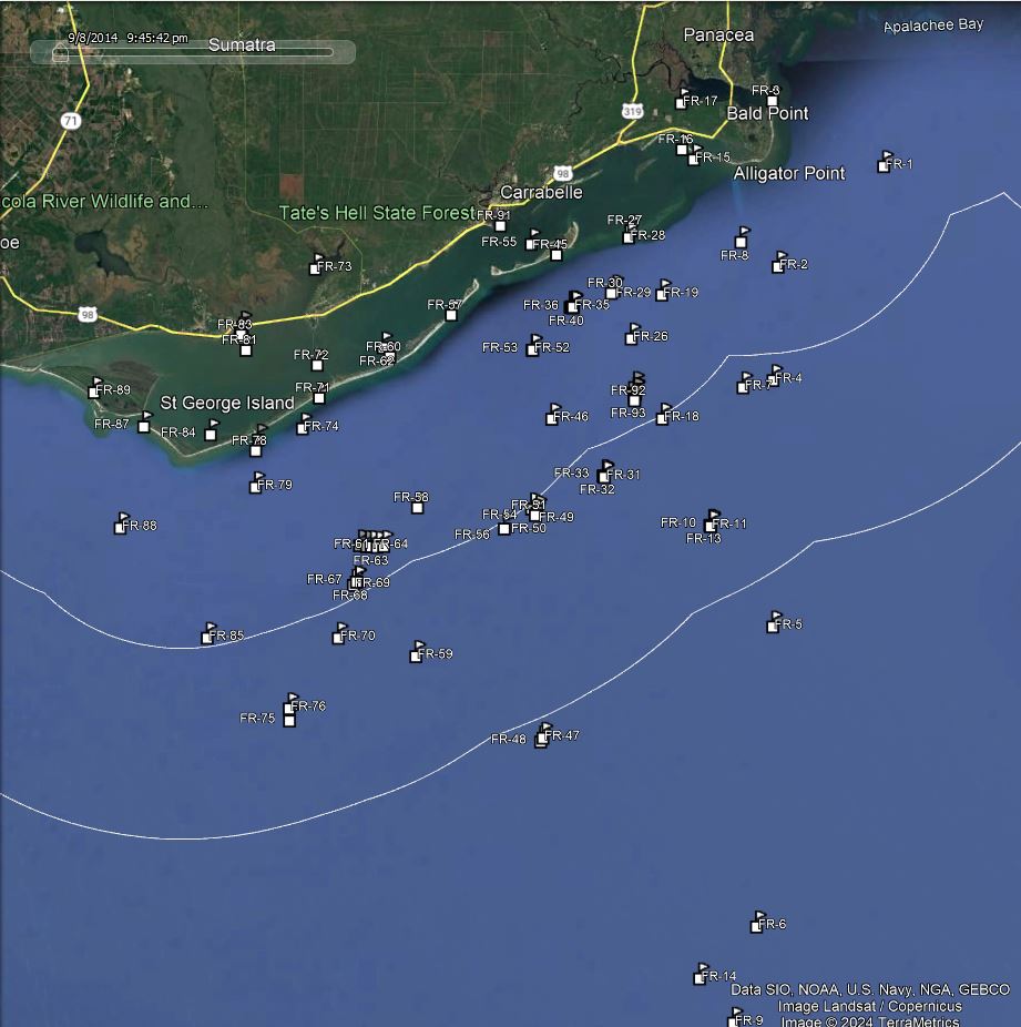America Go Fishing reef site locations for Franklin County shown on a map