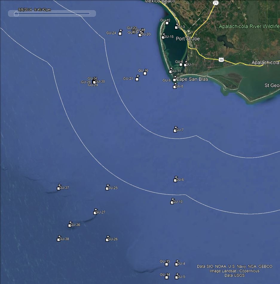 America Go Fishing reef site locations for Gulf County shown on a map