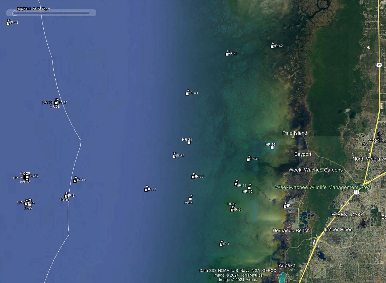 America Go Fishing reef site locations for Hernando County shown on a map