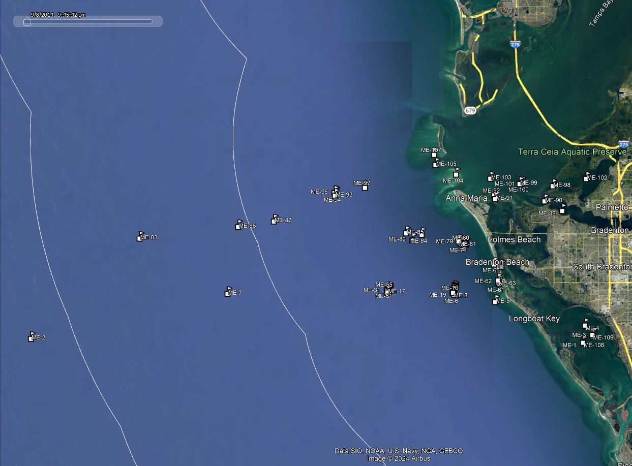 America Go Fishing reef site locations for Manatee County shown on a map