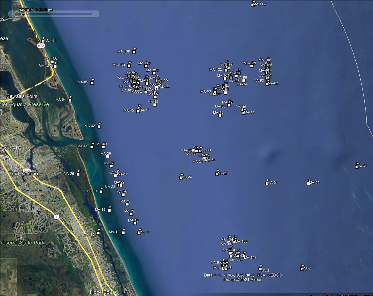 America Go Fishing reef site locations for Martin County shown on a map