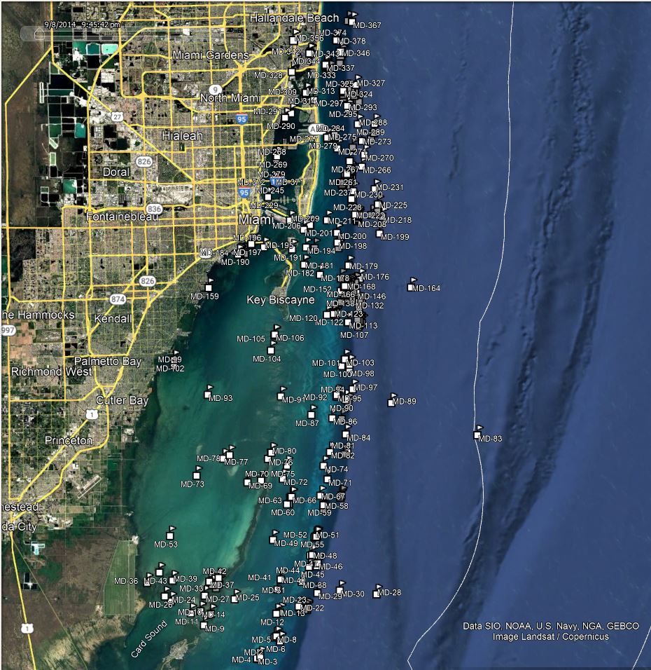 America Go Fishing reef site locations for Miami Dade County shown on a map