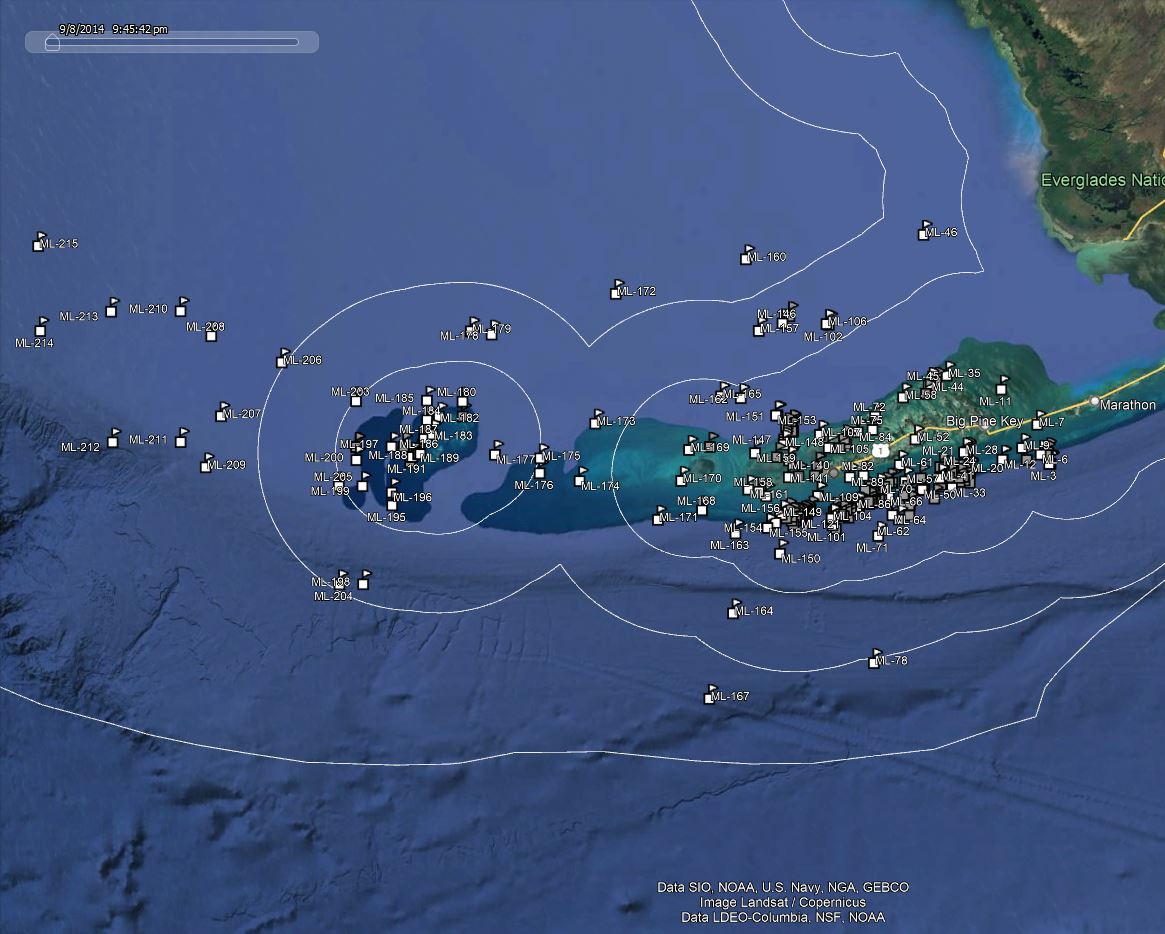 America Go Fishing reef site locations for Monroe County Lower Keys shown on a map