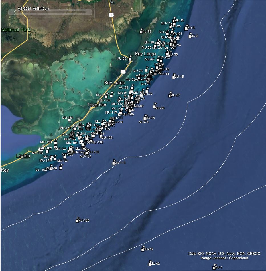 America Go Fishing reef site locations for Monroe County Upper Keys shown on a map