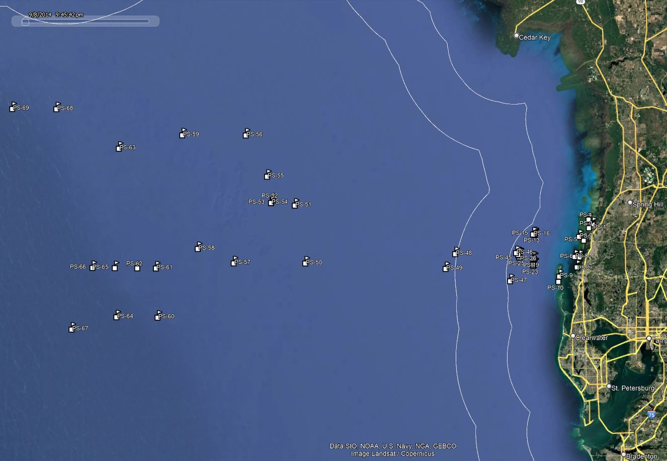 America Go Fishing reef site locations for Pasco County shown on a map
