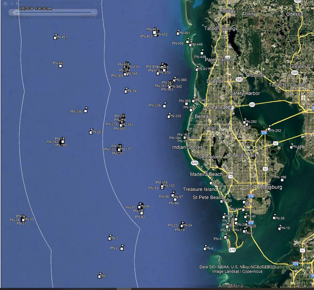 America Go Fishing reef site locations for Pinellas County shown on a map