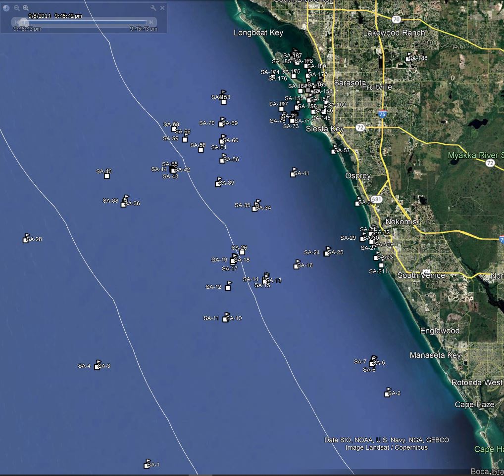 America Go Fishing reef site locations for Sarasota County shown on a map