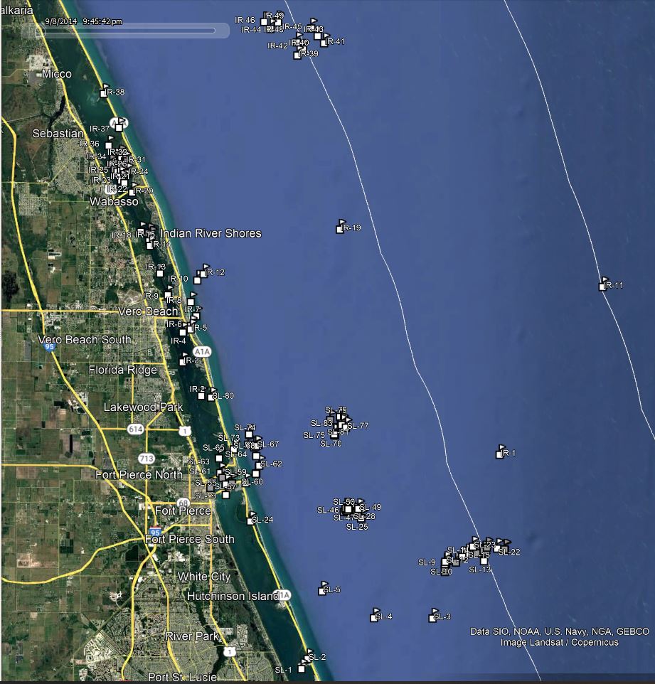 America Go Fishing reef site locations for St Lucie County shown on a map