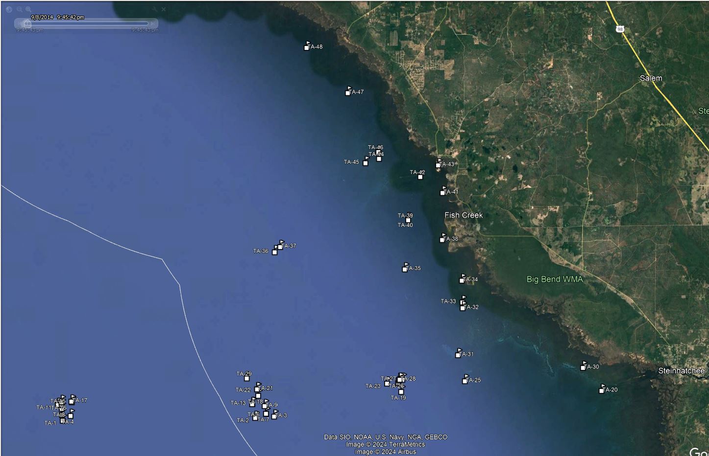 America Go Fishing reef site locations for Taylor County shown on a map
