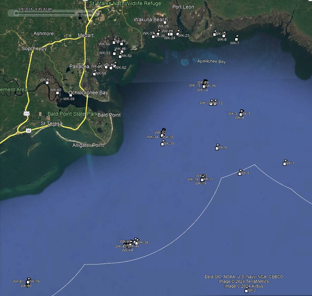 America Go Fishing reef site locations for Wakulla County shown on a map