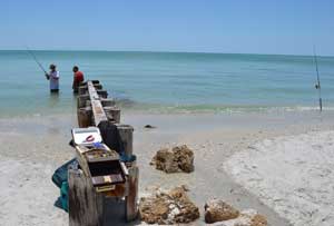 Men fishing pilings with rods in water