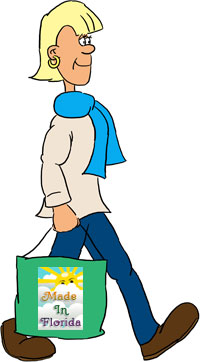 cartoon of a person with a shopping bag that has a Made in Florida logo