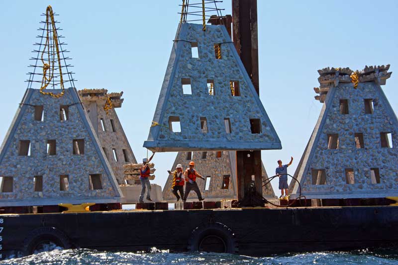 closeup of new super reef pyramid on a barge