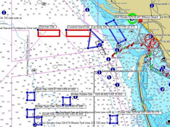 nautical chart showing new reefs planned for Bay and Gulf Counties in 2016