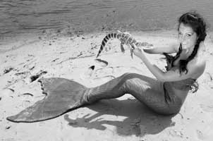 Miss Mermaid with an baby alligator in a black and white photo in everglades