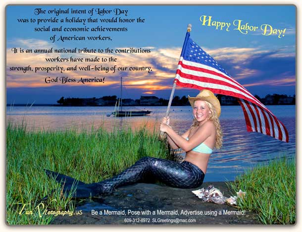woman mermaid holding a flag and cow boy hat