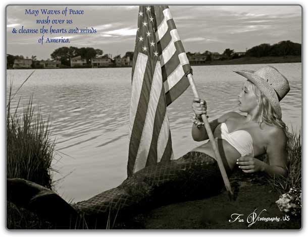 Woman mermaid holding american flag in black and white