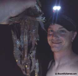 man with head strap light smiling at a hand holding a pile of shrimp