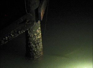 Piling on a dock with a light on it illuminating the water